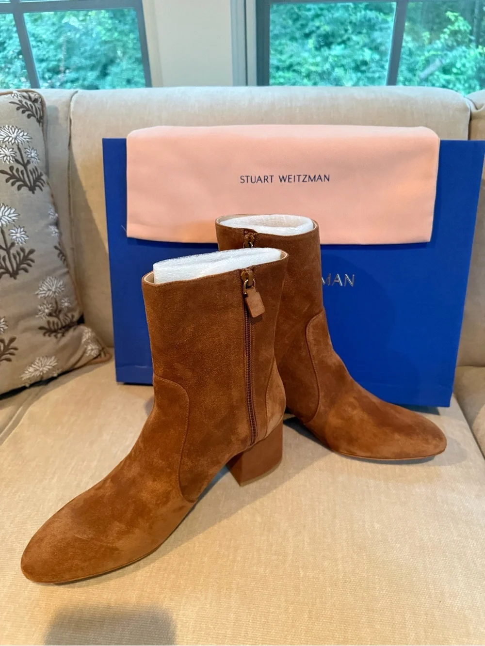 Stuart Weitzman Cognac Suede Block Heel Booties